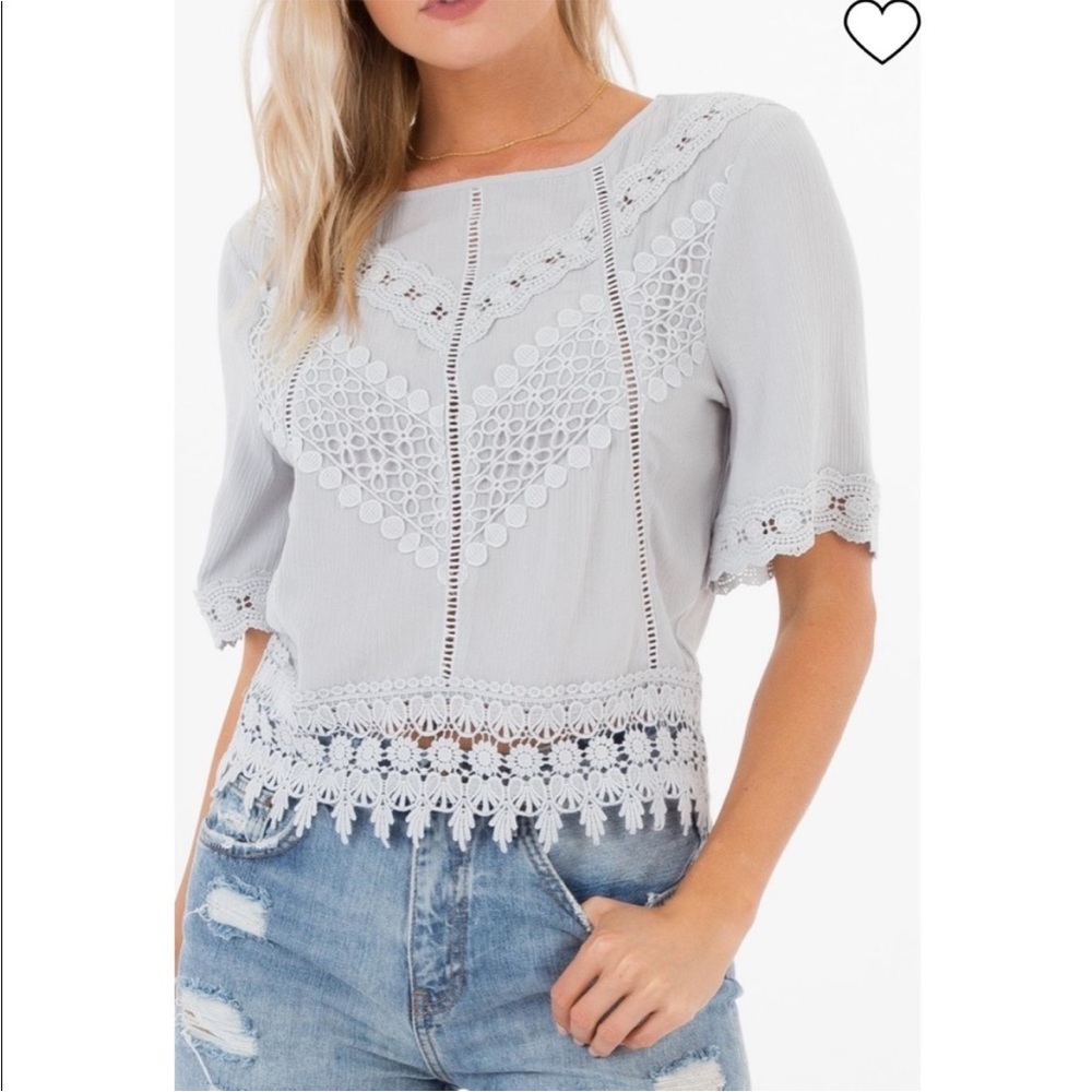 Anthropoligie Light Gray “White Crow” Elegant Lace Crochet Top w/back tie